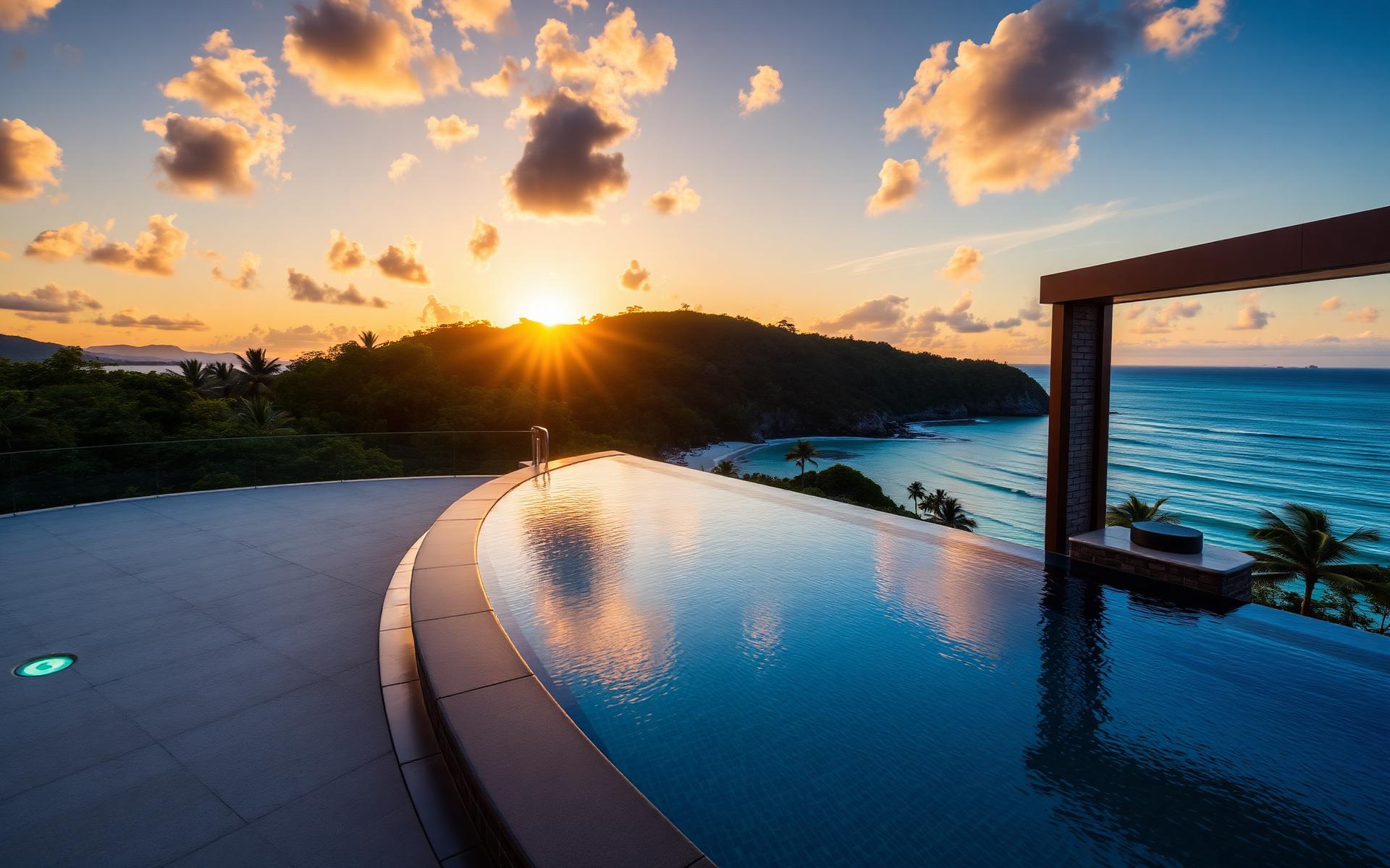 Piscina de borda infinita com vista para o oceano ao pôr do sol